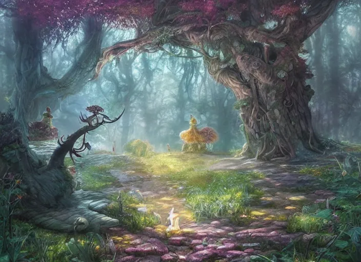 Image similar to magical fantasy forest, magical cat creatures, path traced, highly detailed, high quality, digital painting, by studio ghibli, lise deharme, alexander jansson, paul lehr, tim white, hans zatzka, george stubbs, louis wain