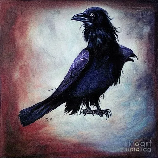 Prompt: fantasy painting of a raven by the minions | horror themed | creepy