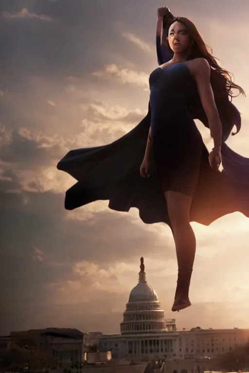 Image similar to VFX movie still frame portrait beautiful DC vs. Marvel hero woman natural skin, hero pose, natural evening light in the city by Emmanuel Lubezki