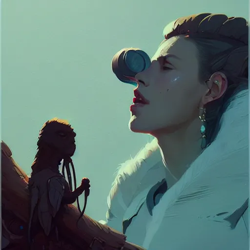Image similar to portrait of the hunt goddess by atey ghailan, by greg rutkowski, by simon stalenhag, by greg tocchini, by james gilleard, by joe fenton, by kaethe butcher dynamic lighting, gradient light blue, brown, blonde cream and white color scheme, grunge aesthetic