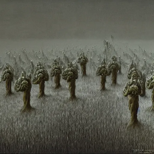 Prompt: an army of clowns, by Zdzislaw Beksinski