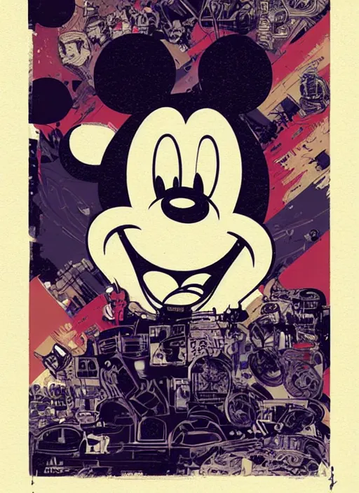 Image similar to highly detailed delirium face portrait of mickey mouse by petros afshar, tom whalen, laurie greasley, war face by greg rutkowski