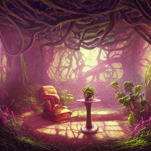 Image similar to concept art painting of a interior of a cozy alien fantasy cottage made of mushrooms and fungus, with black vines and magenta houseplants, realistic, detailed, cel shaded, dark, in the style of makoto shinkai and greg rutkowski and james gurney