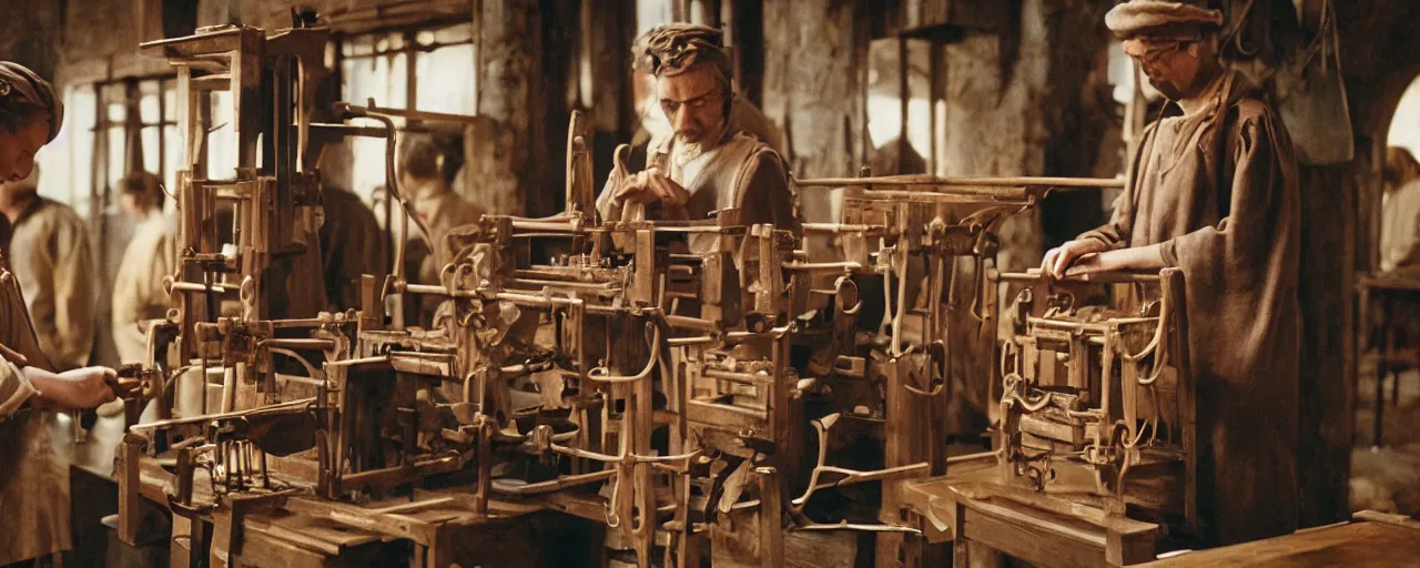 Image similar to the invention of the printing press using spaghetti, small details, intricate, canon 8 0 mm, cinematic lighting, wes anderson film, kodachrome