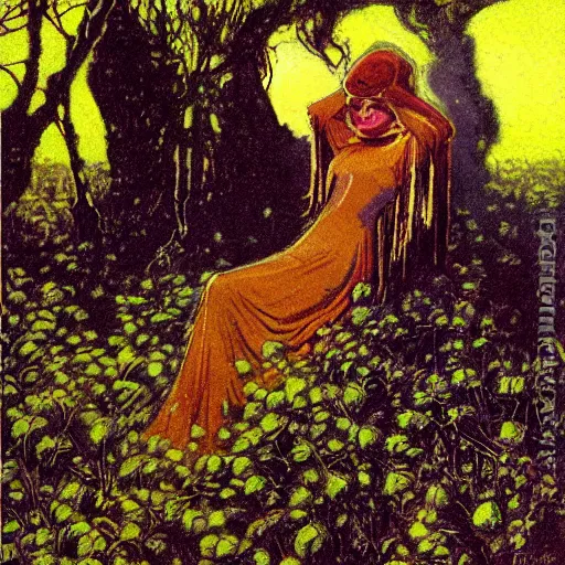 Image similar to dayglo yellow, fantastic planet loose, blocks by alfred augustus glendening. this illustration was painted in 1 9 3 7 during the guerra civil espanola. the woman in the illustration is weeping. she is wearing a black dress & a black veil. her face is distorted by grief. the illustration is dark & somber.