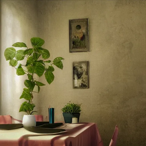 Prompt: elegance the walls are alive a quest for beauty what on a table, striking contrasting colors, subject is illuminated and interesting, textured, the concept of technological liberation, a masterpiece, award winning, wonder, striking studio lighting, evokes a sense of joy, digital art, surrealism / skeuomorphic / matte painting by dali da vinci rutkowski botanical artstation