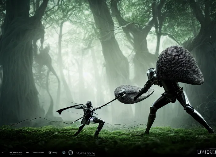 Prompt: knight fights off a giant white spider in a forest. highly detailed 8 k. intricate. lifelike. soft light. fantasy horror style. cinematic post - processing