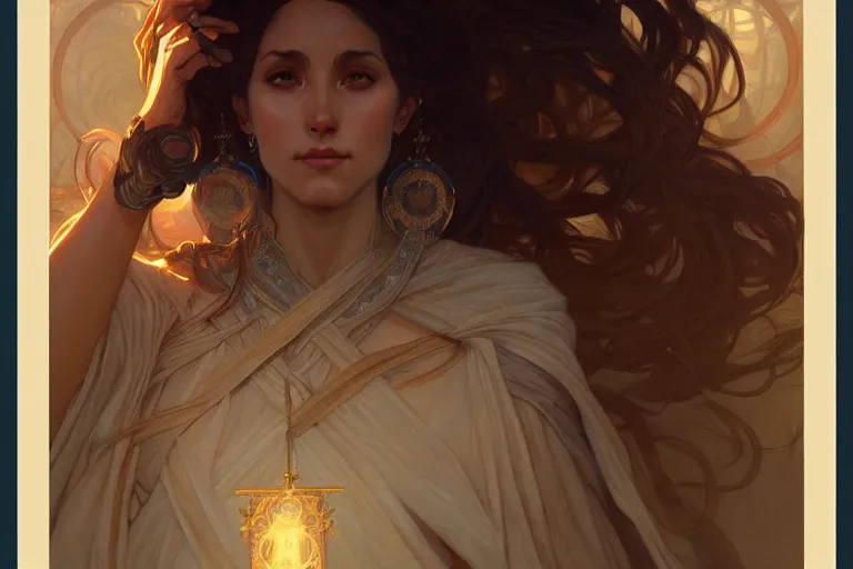 Image similar to the righteous female mage of god, deep focus, intricate, elegant, highly detailed, digital painting, artstation, concept art, matte, sharp focus, illustration, art by artgerm and greg rutkowski and alphonse mucha