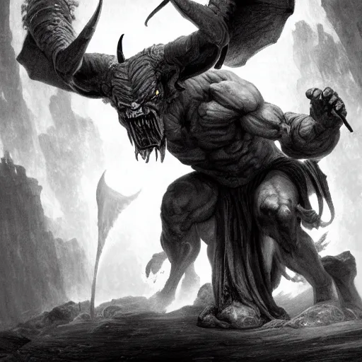 Image similar to full body, grayscale, muscled humanoid balrog demon, horns, claws, large horned tail, heroic pose, flames, fire, tarot, Gustave Dore, Greg Rutkowski,