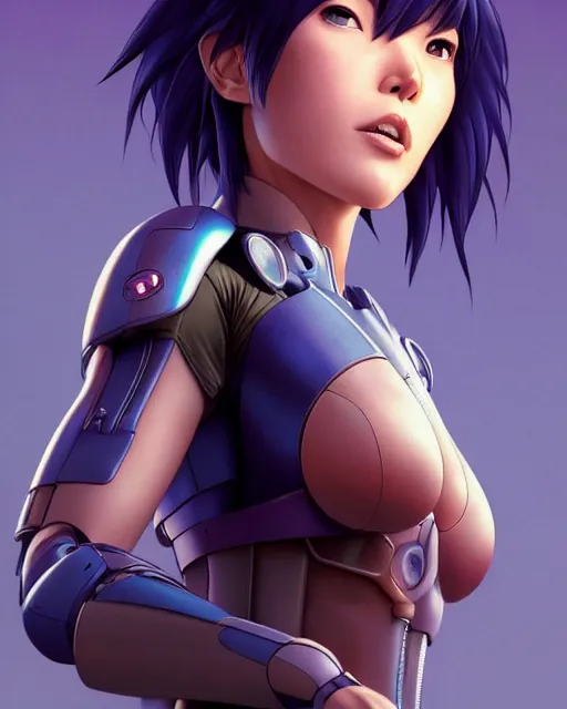 Image similar to weta disney pixar movie still portrait photo of motoko kusanagi the major ghost in the shell : : as cyborg woman by pixar : : by weta, wlop, ilya kuvshinov, rossdraws, artgerm, marvel, maxim cover, latex, octane render, sweaty, iridescent, bright morning, anime, liosh, mucha : :