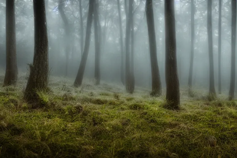 Image similar to meadow of luminous mushrooms Neonothopanus gardneri in the forest, mysterious fog, wee hours, photo realism, Sony a7R