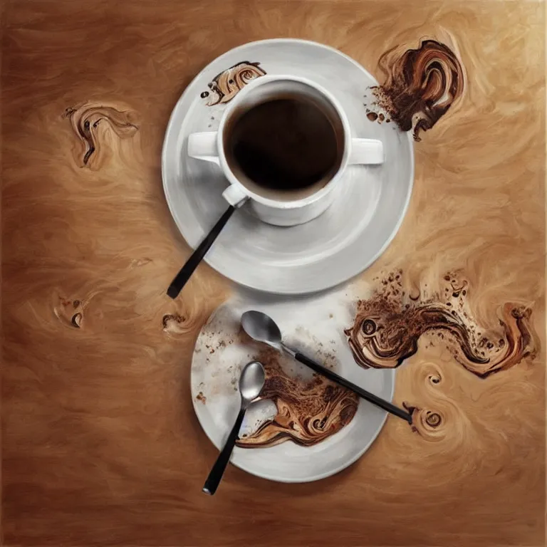 Image similar to a cup of coffee with fractal cream swirls on a wooden table, a hyperrealistic painting by sam spratt, trending on cgsociety, fantasy art, chalk art, hyper realism, hyper - realistic