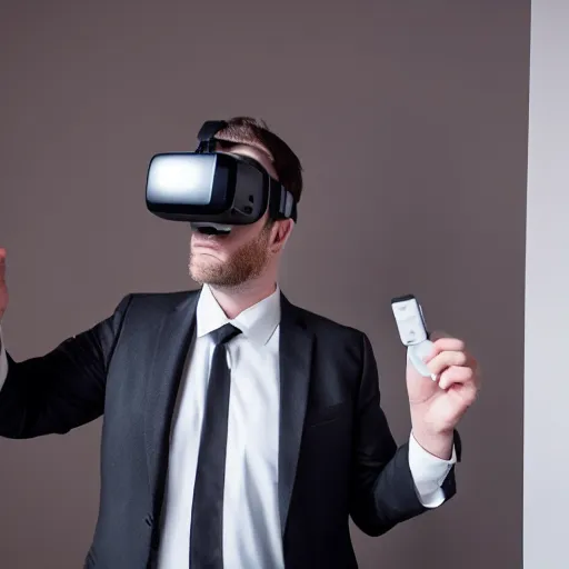 Prompt: clean - shaven chubby white man wearing white dress shirt, necktie, and black dress pants wearing a vr headset. he look mesmerized. iq 4, f / 1. 4, iso 2 0 0, 1 / 1 6 0 s, 8 k, raw, dramatic lighting, symmetrical balance, in - frame