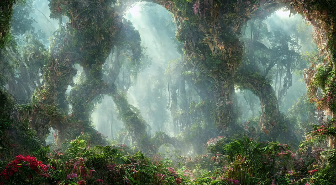 Image similar to ancient structure, large illuminated gateway, fractal structure, cellular biology, thick forest, many flowers by glenn small, by ernst haeckel, by albert bierstadt, photorealistic, zaha hadid, god rays, volumetric lighting, detailed, intricate, delicate, raytrace, octane, light fog, neon, bladerunner