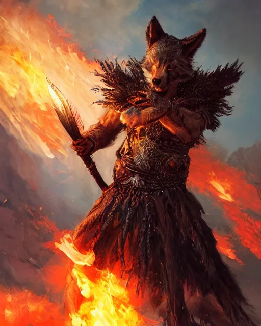 Image similar to oil painting of Anthropomorphized Wolf Warrior holding fire sword, wearing intricate fur armor, sharp focus, magical aura, heroic pose, fantasy style, octane render, volumetric lighting, 8k high definition, by greg rutkowski, highly detailed, trending on art Station, magic the gathering artwork, magical Battlefield backround, centered