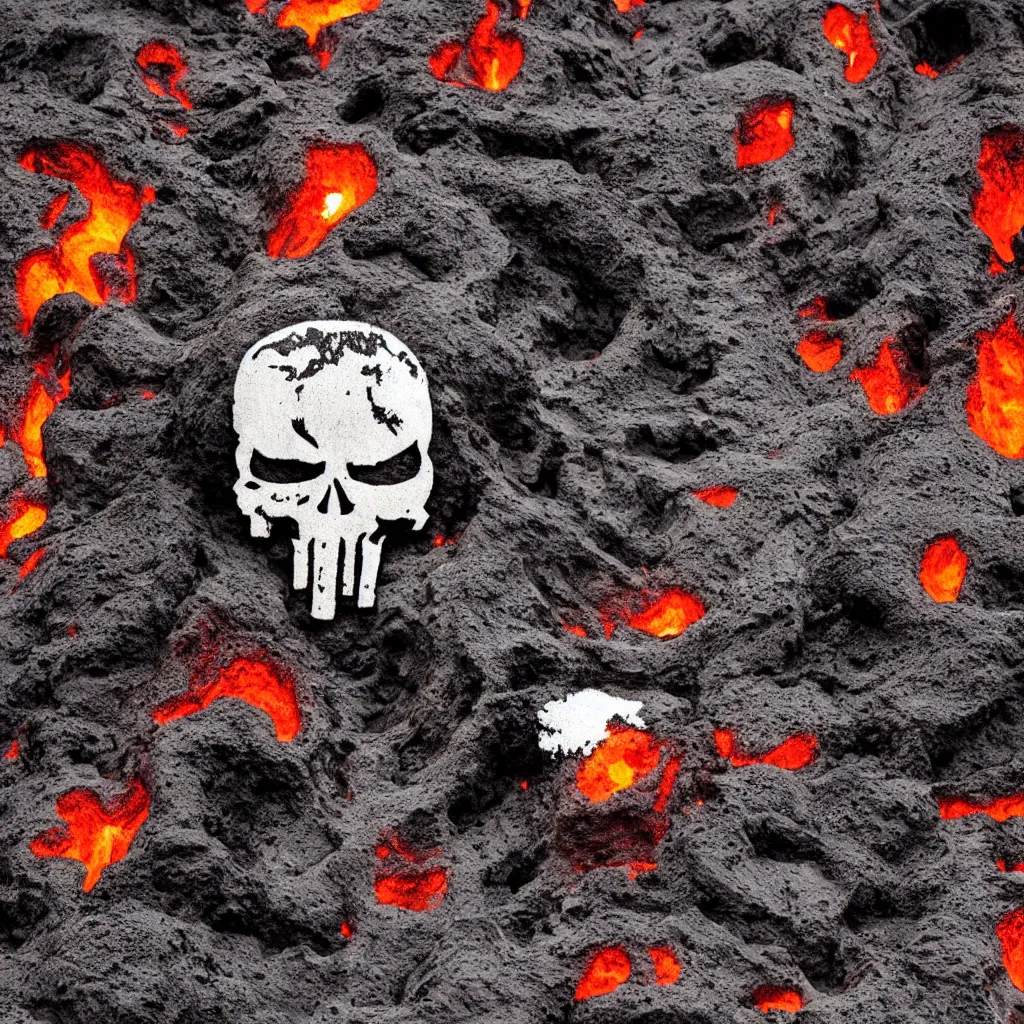 Prompt: wide angle scene of volcano caldera in the form of the punisher skull icon. punisher icon is lava lake with flowing fountains and rivers of lava. detailed, high art, intricate, artisan