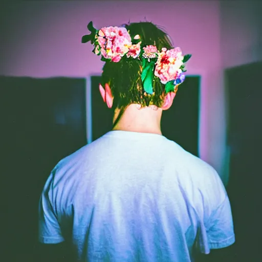 Image similar to kodak portra 4 0 0 photograph of a skinny blonde guy standing in a cluttered bedroom, back view, flower crown, moody lighting, telephoto, 9 0 s vibe, blurry background, vaporwave colors, faded!,