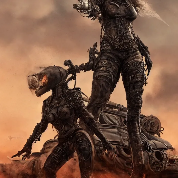 Image similar to beautiful apocalyptic woman in hood, standing on mad max panzer tank, hyper-detailed, smooth, sharp focus, 4k ultra hd, fantasy dark art, tank girl, artgerm, artstation, octane render, elegant, detailed digital painting, apocalyptic art