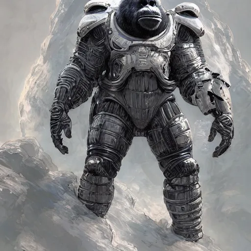 Image similar to detailed science - fiction character portrait of a silverback gorilla wearing a white armored space suit, intricate, wild, highly detailed, digital painting, artstation, concept art, smooth, sharp focus, illustration, art by artgerm and greg rutkowski and alphonse mucha