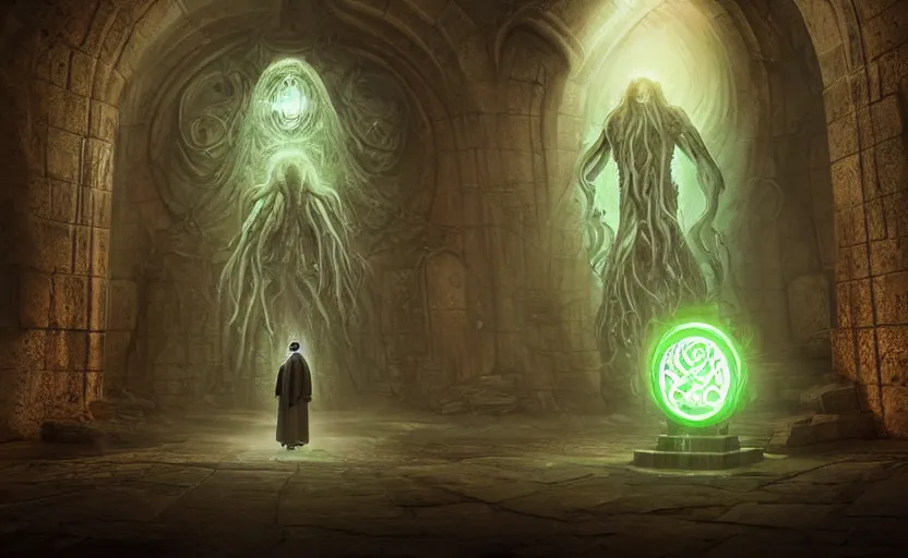 Image similar to priest in front of singular portal hell gate a realistic lovecraft cthulhu creature, filaments, translucent, photorealistic, hyperrealism, high resolution, ultra - detailed, by marc simonetti, natural volumetric lighting, realistic 4 k octane beautifully detailed render, 4 k post, vivid colors