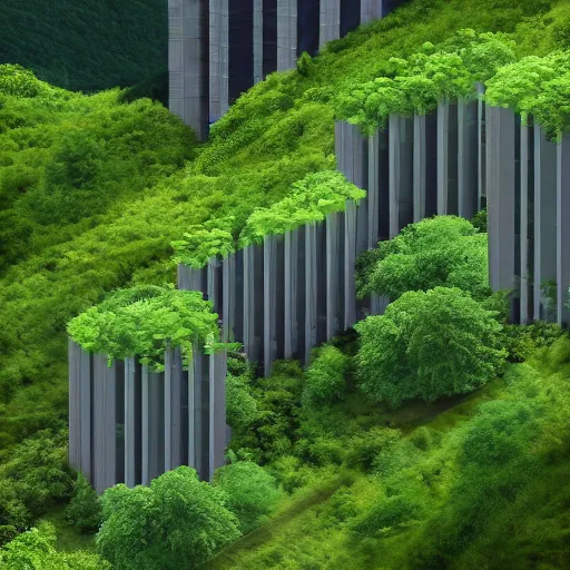 Image similar to vertical farm towers and sci - fi containment building in a steep sided valley with trees, a sense of hope, high res, 4 k, in the style of edouard groult