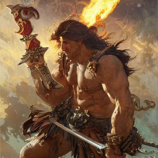 Image similar to muscular male barbarian charging into battle, intricate details, large sword, smoke and fire, by Stanley Artgerm Lau, by greg rutkowski, by thomas kindkade, by alphonse mucha, loish, by norman rockwell J.