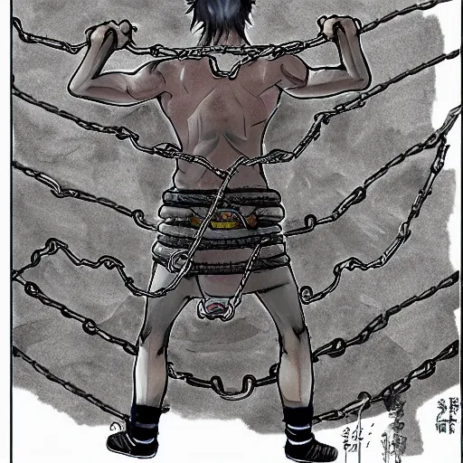 Image similar to A FULL BODY PORTRAIT FROM BEHIND OF MADARA UCHICHA ,THE MAN KEEPS A KUSARIGAMA AND IT IS WRAPPED IN CHAINS ,detailed, concept art, ink style , sketch