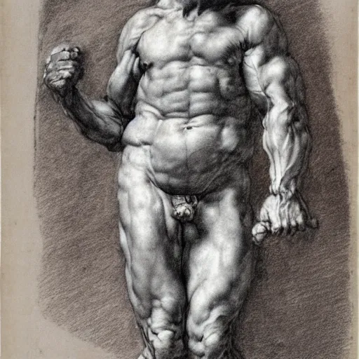 Image similar to Red chalk drawing study of a man, musculature, by Michelangelo, Rubens, 17th-century, old paper, spontaneous linework, academic pose, highly masterful, detailed
