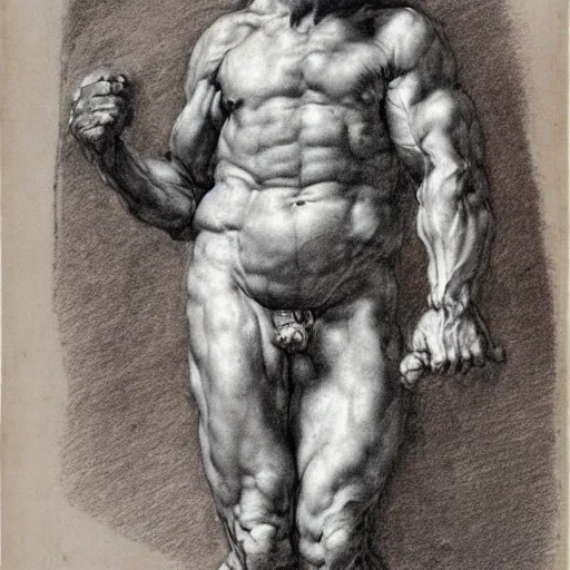 Prompt: Red chalk drawing study of a man, musculature, by Michelangelo, Rubens, 17th-century, old paper, spontaneous linework, academic pose, highly masterful, detailed
