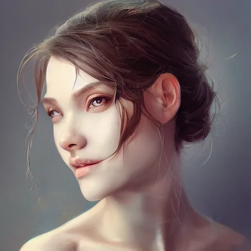 Image similar to a mouth a bit open, two eyes half closed and half a smile on her soul makes a beautiful portrait on the wall. by artgerm, Alina Ivanchenko, Ruan Jia and Mandy Jurgens