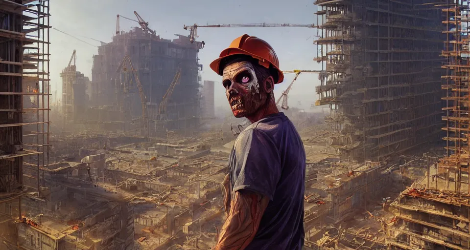 Prompt: highly detailed portrait construction worker zombie in gta v, building construction site, stephen bliss, unreal engine, fantasy art by greg rutkowski, loish, rhads, ferdinand knab, makoto shinkai and lois van baarle, ilya kuvshinov, rossdraws, tom bagshaw, global illumination, radiant light, detailed and intricate environment