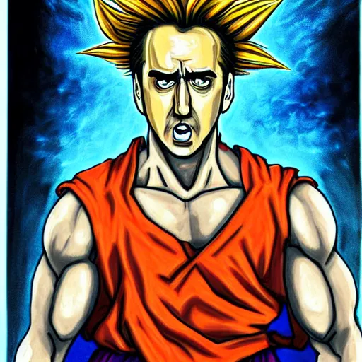 Image similar to nic cage as goku, buff, painted portrait, highly detailed,