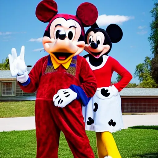 Prompt: photo of walter white with a man in a mickey mouse costume
