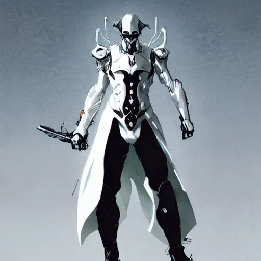 Prompt: full body portrait of a character in sleek white armor and a white tailcoat, wearing a white mask with many lenses for eyes, dramatic lighting, illustration by Greg rutkowski, yoji shinkawa, 4k, digital art, concept art, trending on artstation