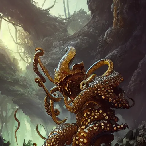 Prompt: forest octopus, great king of stovokor, wields his sword in battle against enemies in golden masks, epic battle scene by jaime jones, artgerm, sergeant, artstation, masterpiece, high detail, wide camera angle