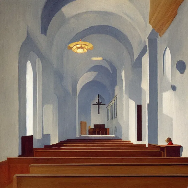 Image similar to empty church interior, painted by Edward Hopper, painted by James Gilleard, airbrush