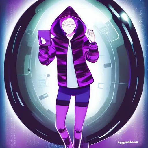 Image similar to “Sci fi, A female, full body, black hair with purple streaks, black hoodie with tech on it”