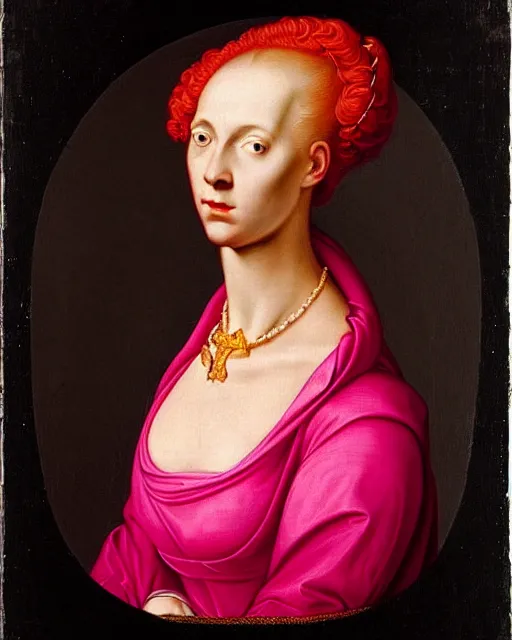 Prompt: portrait of a young pale woman with lilac hair, wearing a neon red dress by Vivienne Westwood, intricate details, super-flat, in the style of Bartholomäus the Elder, renaissance style, black background