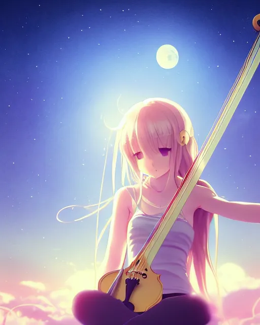 Image similar to teen, cute, melancholy, full body, cat girl, white skin, golden long wavy hair, holding a violin and playing a song, stunning art style, filters applied, lunar time, night sky, trending art, sharp focus, centered, landscape shot, fate zero, simple background, studio ghibly makoto shinkai yuji yamaguchi, by wlop