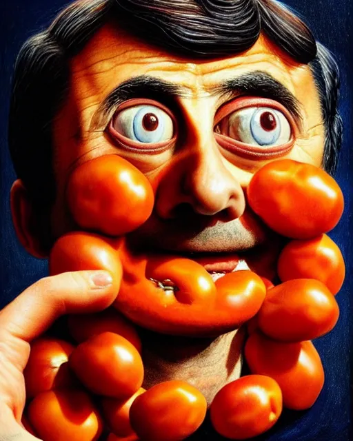 Image similar to portrait of mr bean's face in a bowl full of baked beans, head fully covered in beans and tomato sauce, beans in his eyes sockets, tomato sauce coming from his eyes, open mouth overflowing with baked beans, rowan atkinson, muted colors, surrealist oil painting, highly detailed