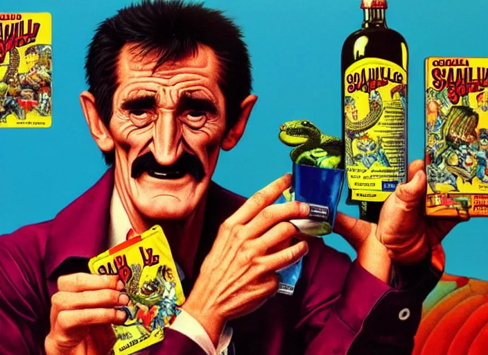 Image similar to barry chuckle drinking a bottle of snake oil, snake oil advertisement from 1 9 8 8, artwork by richard corben, 3 d, high resolution 8 k