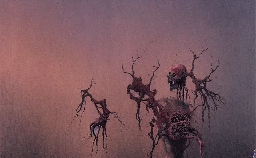 Prompt: A painting called life and death merge together, concept art by Beksinski, omnious, hihgly detailed,