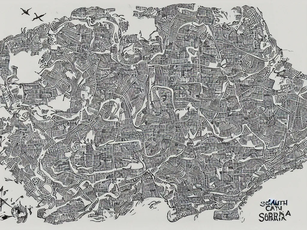 Prompt: A map of South Carolina, Ink drawing by Deven Rue, fine point pen
