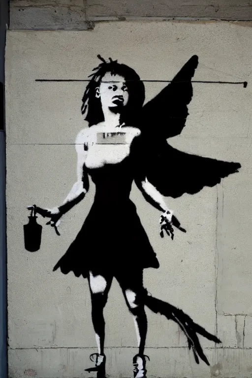 Image similar to a woman inside of an empty light bulb. the woman has wings. by banksy and basquiat