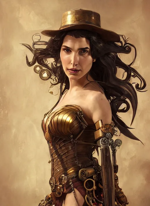 Prompt: steampunk portrait of gal gadot, hyper detailed, digital art, cinematic lighting, studio quality, smooth render, unreal engine 5, octane rendered, art style by klimt and nixeu and ian sprigger and wlop and krenz cushart.