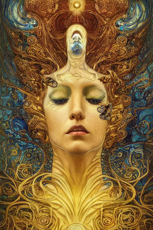 Image similar to Rebirth by Karol Bak, Jean Deville, Gustav Klimt, and Vincent Van Gogh, majestic portrait of a sacred serpent, Surreality, radiant halo, shed iridescent snakeskin, otherworldly, fractal structures, celestial, arcane, ornate gilded medieval icon, third eye, spirals