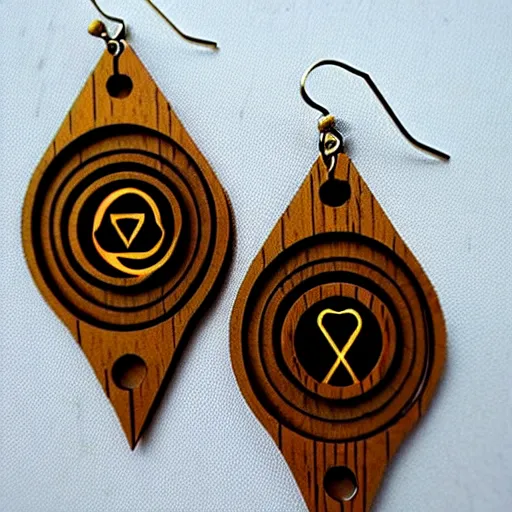 Image similar to 2 d wood lasercut earrings, mystical symbols, 8 k, hd, trending on amazon on artstation, trending on deviantart, trending on etsy, epic digital art