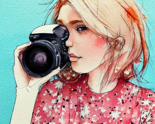 Image similar to pale young woman with bright blonde hair, freckles, big bright eyes and a very wide face, flowery dress, she is holding a professional dslr camera close to her face with her hands, expressive, surrealism, emotional watercolor art by conrad roset