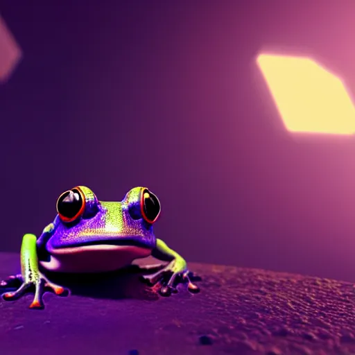 Prompt: a cyberpunk frog in an unknown planet, octane render, hyperrealistic, 3D