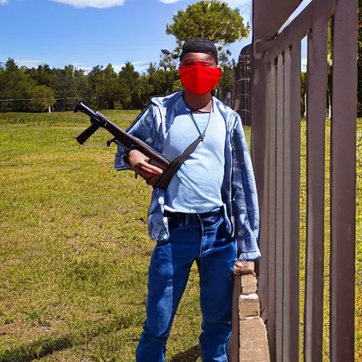 Image similar to Young man standing looking to the right in a red bandana, blue striped shirt, gray vest and a gun with a partly cloudy sky in the background. The young man is standing in front of an iron fence. Photograph. Real life